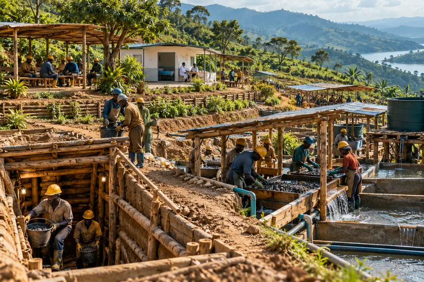 Zone artisanale aménagée sur une colline verte du Kivu, avec puits étayés, bassins de lavage couverts et poste de santé