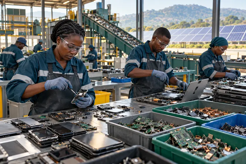 Ouvriers démontant des téléphones, ordinateurs et cartes électroniques usagés dans un centre de recyclage