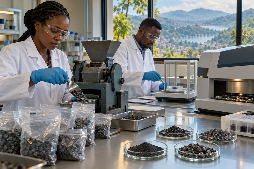 Scientifiques préparant des échantillons de concentré de coltan dans un laboratoire d’analyse
