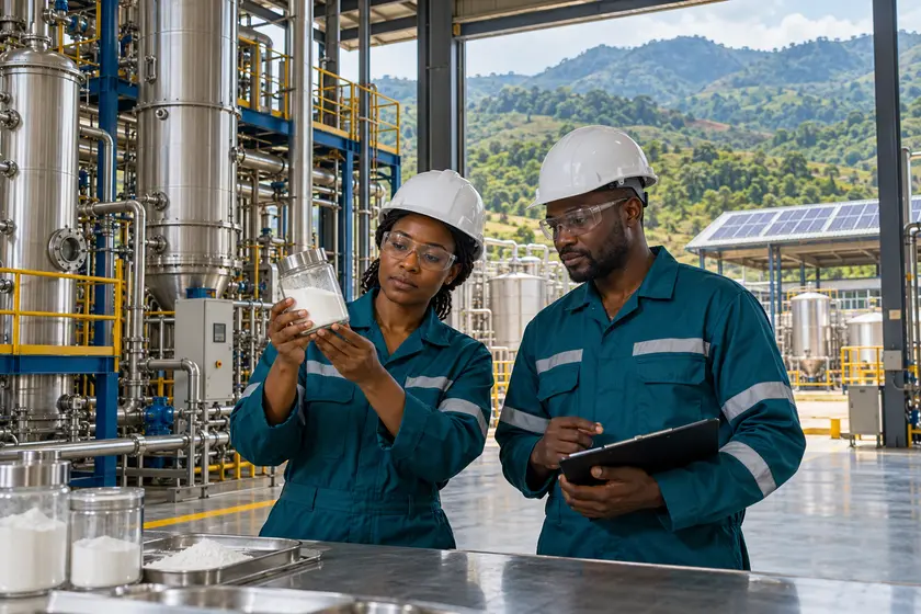 Ingénieurs examinant un échantillon d’oxyde de tantale dans une usine de séparation