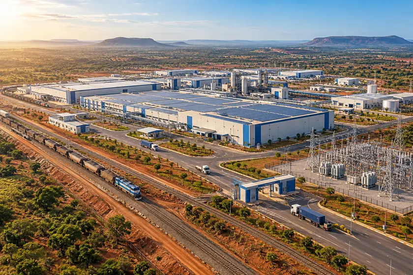 Vue aérienne d’une zone industrielle avec usines, panneaux solaires et voie ferrée
